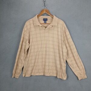 Club Room BY Charter Club‎ Rugby Shirt Mens Large Tan Cotton Windowpane Tennis